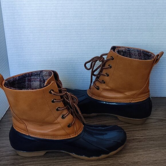 Wild Diva rain boots waterproof navy blue bottom brown top women's size 7 - Picture 8 of 13